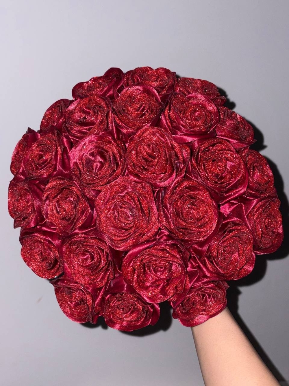 Glittery Red Rose Bouquet - Ribbon Roses
